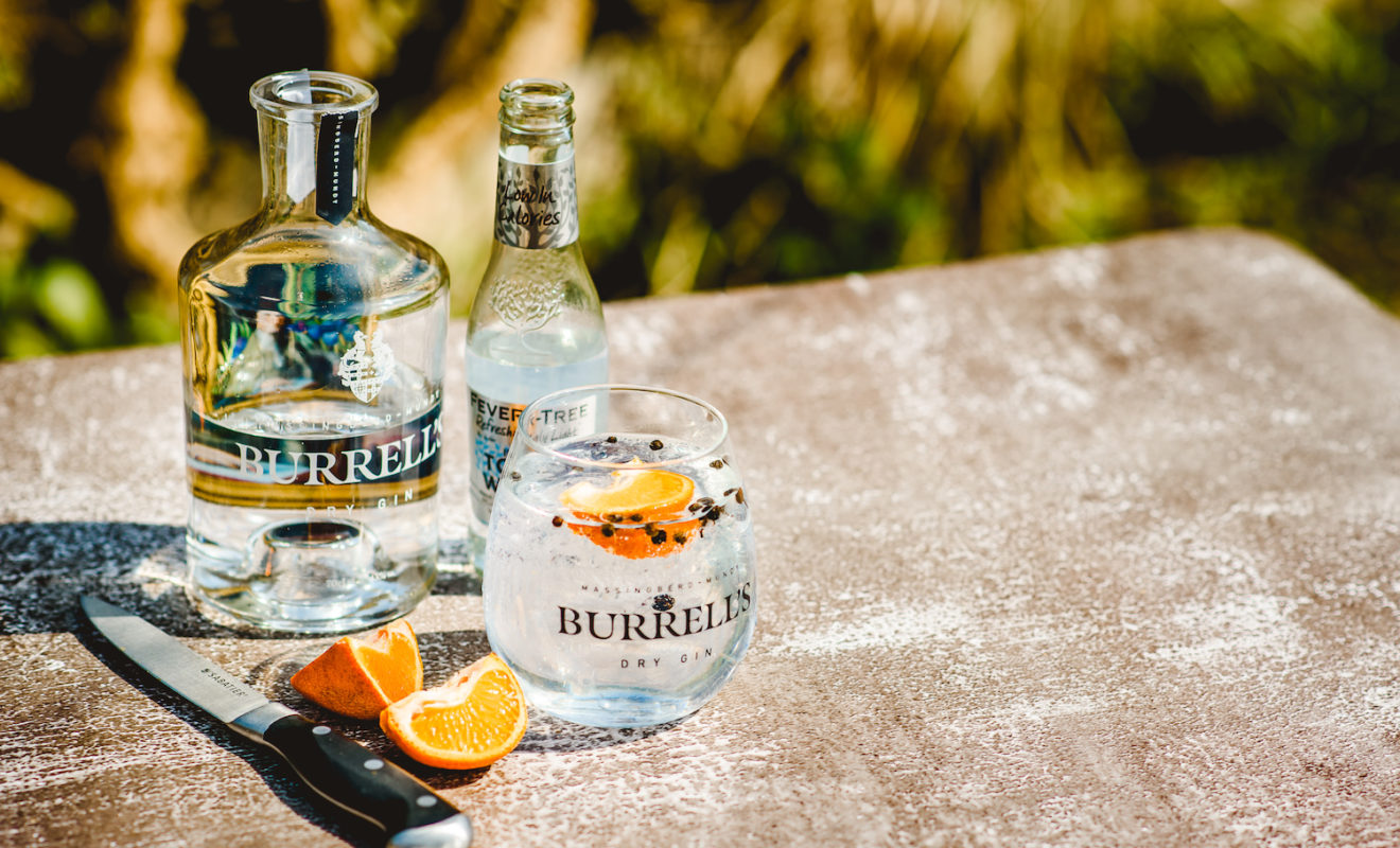 Burrells Gin In A Glass Surrounded By Fruit & Tonic