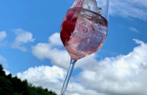 Pink gin in a glass with raspberries