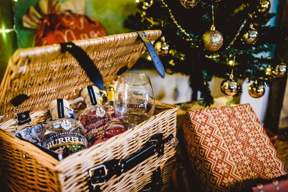 Gin Lovers Hamper under a Christmas Tree with presents