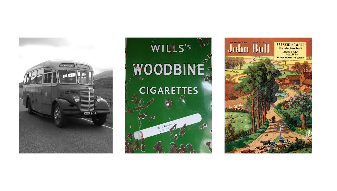 1940s bus, Woodbines cigarette poster & John Bull cover