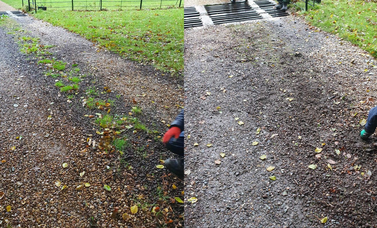 Before and after photos of the Estate drive being weeded