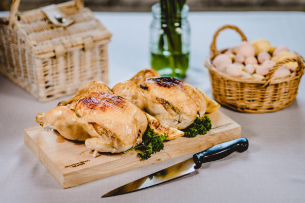 Lincolnshire Buff Chickens Cooked on Wooden Slate